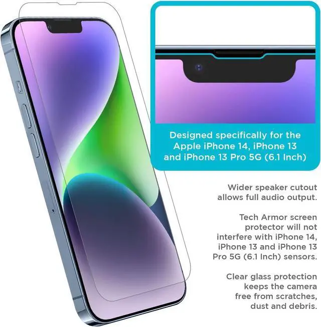 Alt view image 5 of 6 - Tech Armor Ballistic Glass Screen Protector for iPhone 14, iPhone 13 and 13 Pro [6.1 Inch] Display 3 Pack Tempered Glass, Case Friendly