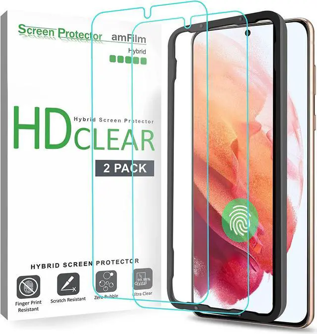 Main image of amFilm Screen Protector for Samsung Galaxy S21 5G 6.2 inch (2021), Fingerprint ID Compatible, HD Clear, Scratch Resistant Hybrid, with Easy Installation Tray, Polyethylene Terephthalate, 2 Pack