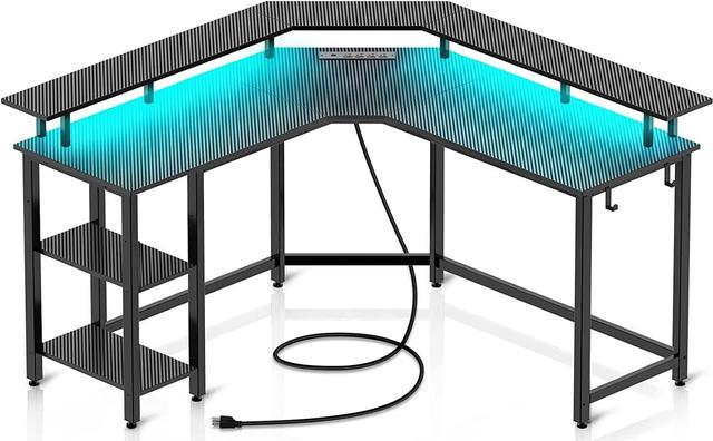 Rolanstar Computer Desk L Shaped with LED Strip & Power Outlets, Reversible L  Shaped Gaming Desk Carbon Fiber Surface with Monitor Stand, L Shaped  Computer Desk with USB Port&Hook,Home Office Desk 