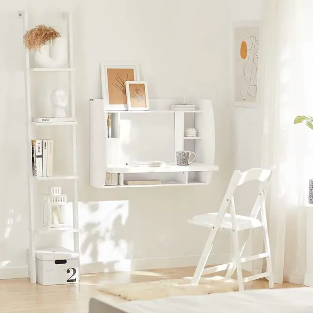 Alt view image 2 of 7 - SoBuy FWT18-W,Home Office Workstation Computer Desk with Storage Shelves,Wall-Mounted Table Desk,White