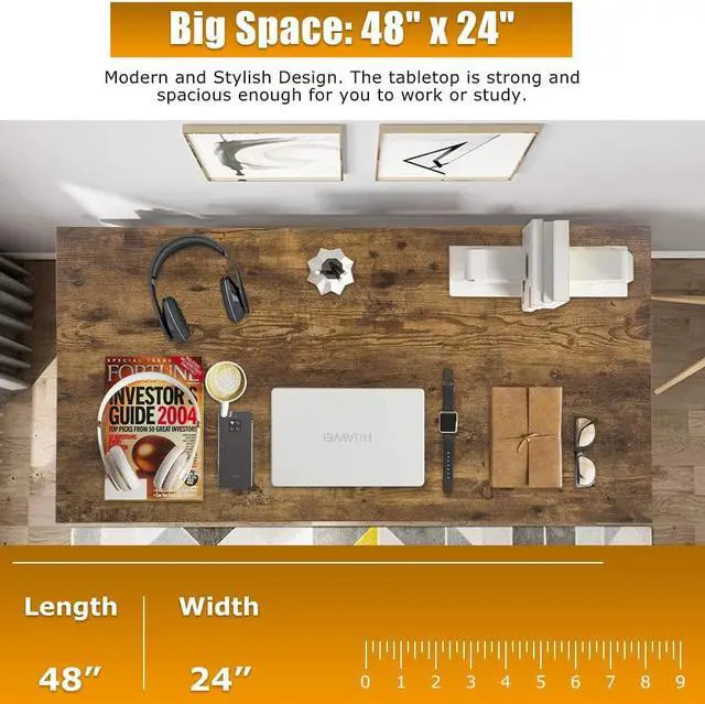 Alt view image 3 of 7 - Computer Desk, 47 Inch Home Office Desk Gaming Desk with Bookshelf Modern Student Kids Desk Study Executive Table Workstation for Small Space, Vintage