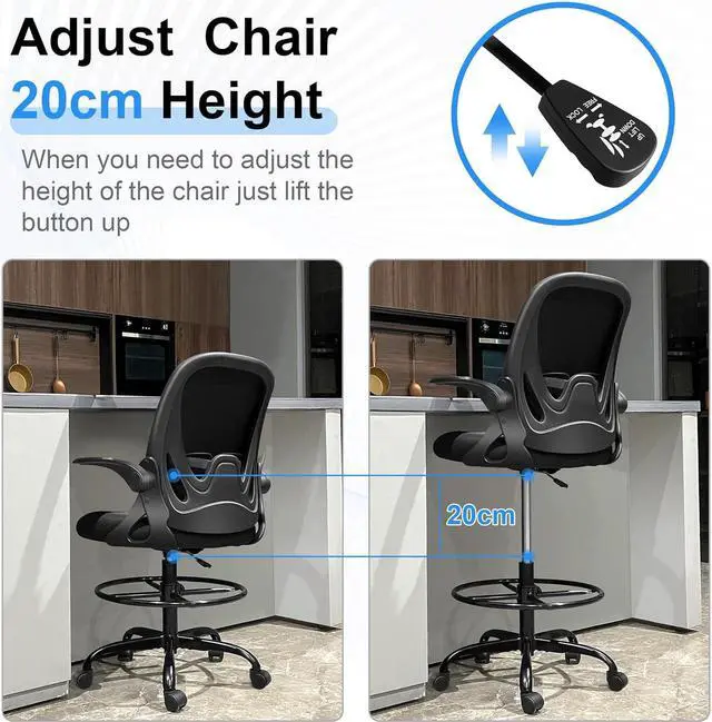 Alt view image 5 of 6 - Drafting Chair Primy Tall Office Chair with Flip-up Armrests Executive Ergonomic Computer Standing Desk Chair with Lumbar Support and Adjustable Footrest Ring (Black)