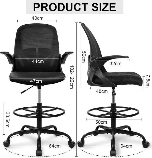 Alt view image 6 of 6 - Drafting Chair Primy Tall Office Chair with Flip-up Armrests Executive Ergonomic Computer Standing Desk Chair with Lumbar Support and Adjustable Footrest Ring (Black)