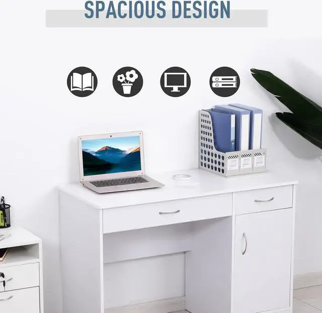 Alt view image 4 of 7 - HOMCOM Computer Desk with Storage Drawers, Study Writing Table with Cabinet Adjustable Shelf for Home Office Workstation Bedroom, White