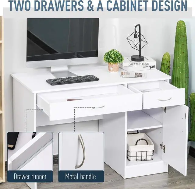 Alt view image 5 of 7 - HOMCOM Computer Desk with Storage Drawers, Study Writing Table with Cabinet Adjustable Shelf for Home Office Workstation Bedroom, White
