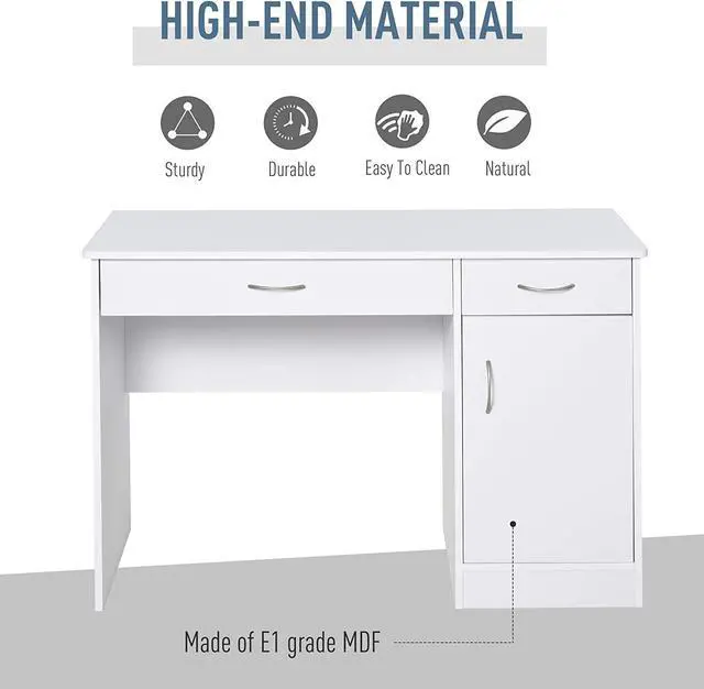 Alt view image 7 of 7 - HOMCOM Computer Desk with Storage Drawers, Study Writing Table with Cabinet Adjustable Shelf for Home Office Workstation Bedroom, White