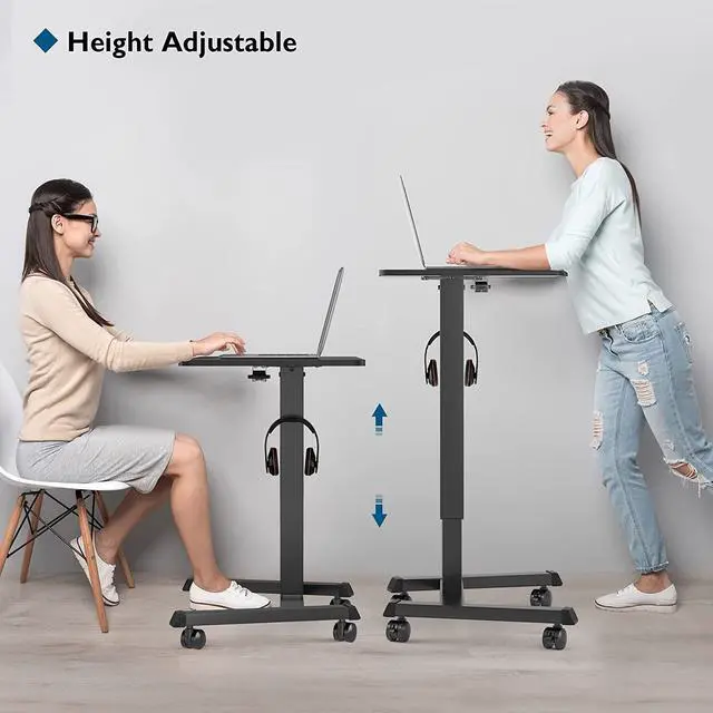 Alt view image 2 of 7 - 25.6 x 17.7 Inch Mobile Stand Up Desk, Podium, Rolling Standing Desk Up to 33LBS with Wheels and Stoppers, Laptop Standing Desk Height Adjustable, Black