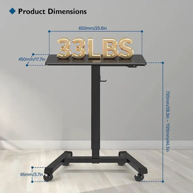 Alt view image 6 of 7 - 25.6 x 17.7 Inch Mobile Stand Up Desk, Podium, Rolling Standing Desk Up to 33LBS with Wheels and Stoppers, Laptop Standing Desk Height Adjustable, Black