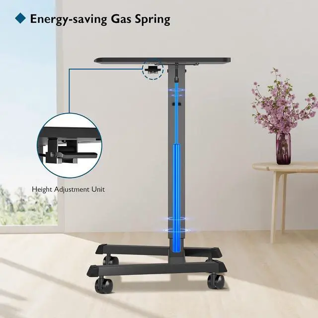 Alt view image 7 of 7 - 25.6 x 17.7 Inch Mobile Stand Up Desk, Podium, Rolling Standing Desk Up to 33LBS with Wheels and Stoppers, Laptop Standing Desk Height Adjustable, Black