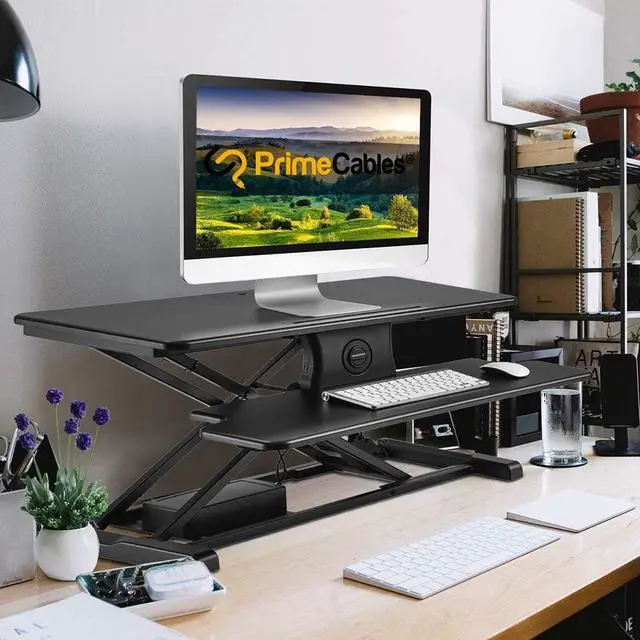 Alt view image 2 of 6 - PrimeCables 31.5 inch Electric Standing Desk Converter, One-Touch Button Height Adjustable Sit Stand Desk Converter Keyboard Tray, Desk Riser Fits Dual Monitor and Laptop