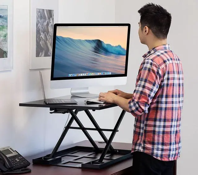 Alt view image 2 of 7 - Mount-It! Standing Desk Converter, Sit Stand Desk Riser with Gas Spring, Ergonomic Height Adjustable Desktop Platform, Collapsible Slim Profile, Preassembled Workstation for Home & Office, Black
