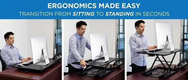 Alt view image 5 of 7 - Mount-It! Standing Desk Converter, Sit Stand Desk Riser with Gas Spring, Ergonomic Height Adjustable Desktop Platform, Collapsible Slim Profile, Preassembled Workstation for Home & Office, Black