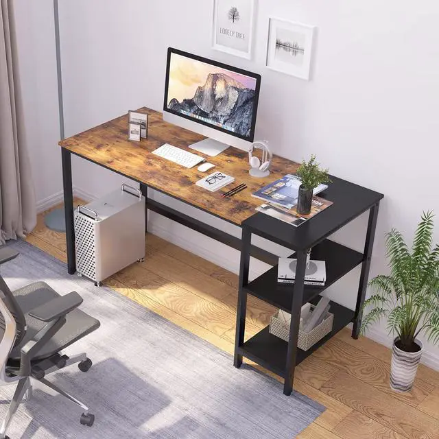 Alt view image 2 of 7 - soges 55.1 Inch Home Office Computer Desk, Study Writing Table Desk with with Splice Board, Wooden Study Working Table Desk with 2-Tier Storage Shelf,Modern Laptop PC Table,CXYM-PB001B-140