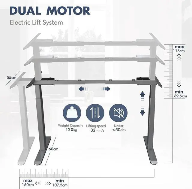 Alt view image 3 of 7 - AIMEZO Dual Motor Electric Stand Up Desk Frame Ergonomic Standing Desk Frame with Adjustable Height and Length Motorized Sit Stand Computer Desk with 4 Memory Settings/USB Interface