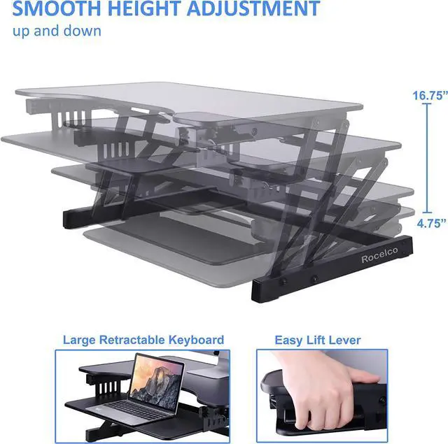 Alt view image 4 of 7 - Rocelco 32" Height Adjustable Standing Desk Converter - Quick Sit Stand Up Dual Monitor Riser - Gas Spring Assist Tabletop Computer Workstation - Large Retractable Keyboard Tray - Black (R ADRB)