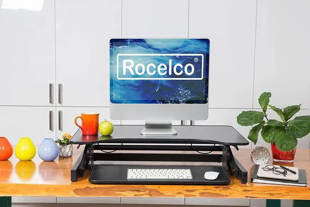 Alt view image 7 of 7 - Rocelco 32" Height Adjustable Standing Desk Converter - Quick Sit Stand Up Dual Monitor Riser - Gas Spring Assist Tabletop Computer Workstation - Large Retractable Keyboard Tray - Black (R ADRB)