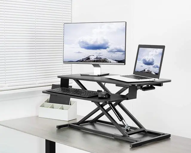 Alt view image 2 of 7 - Height Adjustable 32 inch Stand Up Desk Converter, Quick Sit to Stand Tabletop Dual Monitor Riser Workstation, Black, DESK-V000S