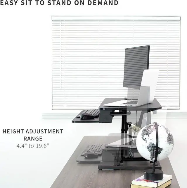 Alt view image 4 of 7 - Height Adjustable 32 inch Stand Up Desk Converter, Quick Sit to Stand Tabletop Dual Monitor Riser Workstation, Black, DESK-V000S