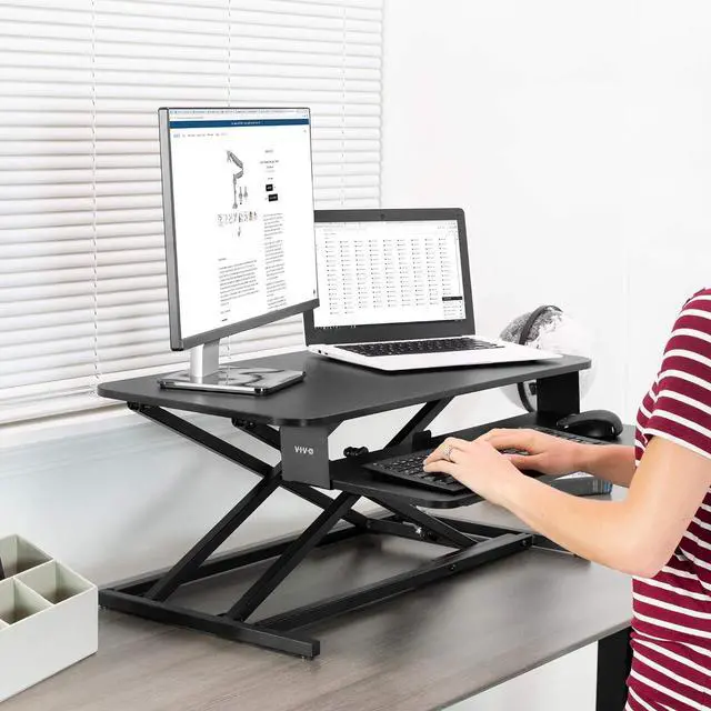 Alt view image 5 of 7 - Height Adjustable 32 inch Stand Up Desk Converter, Quick Sit to Stand Tabletop Dual Monitor Riser Workstation, Black, DESK-V000S
