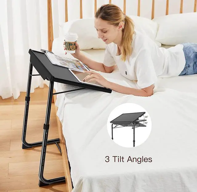 Alt view image 5 of 7 - Adjustable TV Tray Table - TV Dinner Tray on Bed & Sofa, Comfortable Folding Table with 6 Height & 3 Tilt Angle Adjustments, Laptop Table with Built-in Cup Holder (1 Pack, Black)