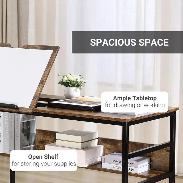 Alt view image 6 of 7 - HOMCOM Adjustable Drafting Table Art Desk Drawing Table Craft Desk Workstation for Painting Multifunctional Writing Desk with Tiltable Tabletop and Storage Shelf Rustic Brown