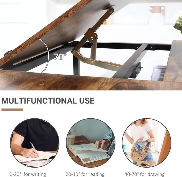 Alt view image 7 of 7 - HOMCOM Adjustable Drafting Table Art Desk Drawing Table Craft Desk Workstation for Painting Multifunctional Writing Desk with Tiltable Tabletop and Storage Shelf Rustic Brown