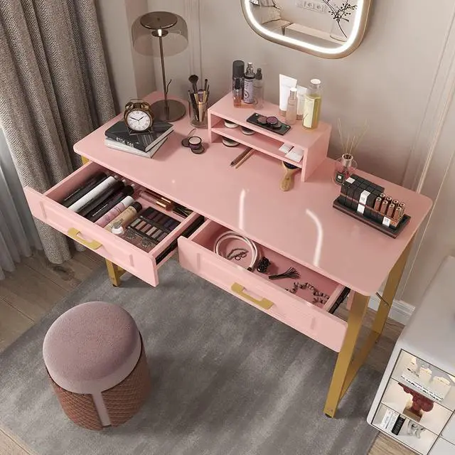 Alt view image 2 of 6 - WESTREE Modern Makeup Vanity Desk with Glossy Desktop, Bedroom Home Office Writing Desk with Drawers, Storage Shelf, Gold Metal Frame for Dressing Table Without Mirror(40inch,Pink)