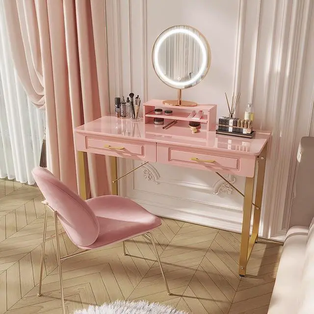Alt view image 3 of 6 - WESTREE Modern Makeup Vanity Desk with Glossy Desktop, Bedroom Home Office Writing Desk with Drawers, Storage Shelf, Gold Metal Frame for Dressing Table Without Mirror(40inch,Pink)