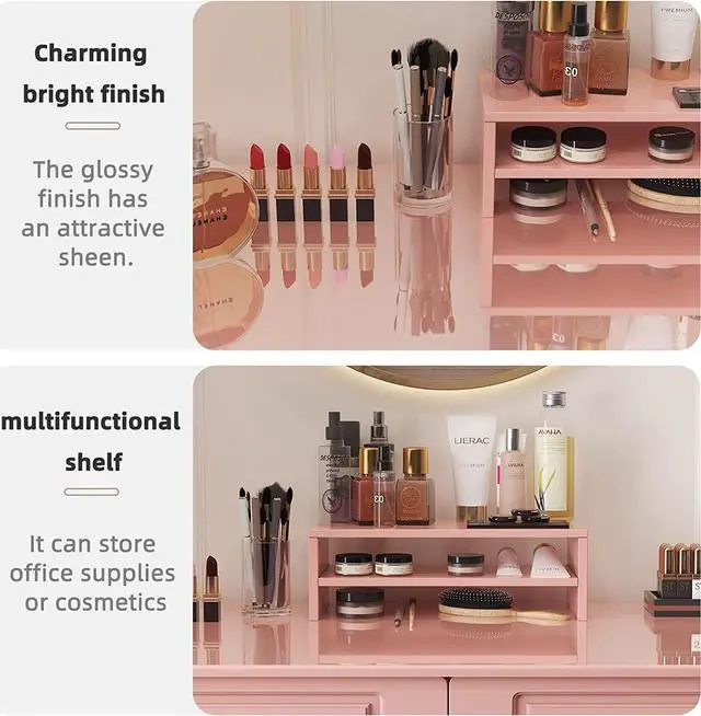 Alt view image 4 of 6 - WESTREE Modern Makeup Vanity Desk with Glossy Desktop, Bedroom Home Office Writing Desk with Drawers, Storage Shelf, Gold Metal Frame for Dressing Table Without Mirror(40inch,Pink)