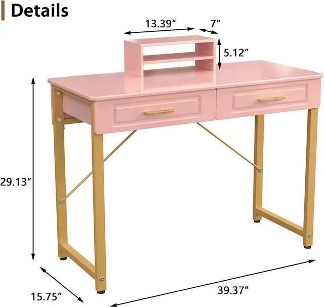 Alt view image 6 of 6 - WESTREE Modern Makeup Vanity Desk with Glossy Desktop, Bedroom Home Office Writing Desk with Drawers, Storage Shelf, Gold Metal Frame for Dressing Table Without Mirror(40inch,Pink)