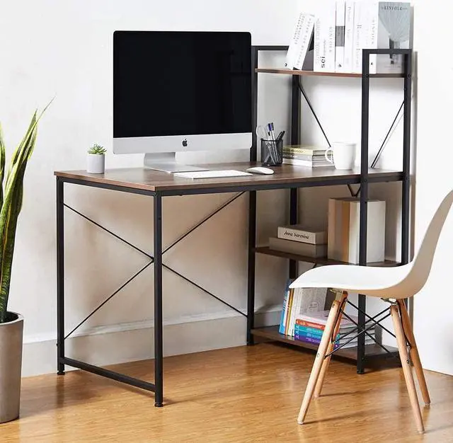 Alt view image 3 of 7 - Coral Flower Tower Computer Desk with 4 Tier Shelves - 47.6'' Multi Level Writing Study Table with Bookshelves Modern Steel Frame Wood Desk Compact Home Office Workstation (Natural brown)