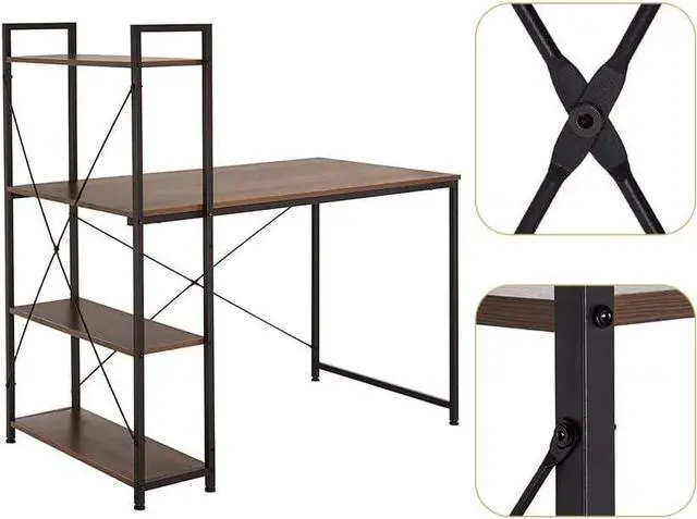 Alt view image 4 of 7 - Coral Flower Tower Computer Desk with 4 Tier Shelves - 47.6'' Multi Level Writing Study Table with Bookshelves Modern Steel Frame Wood Desk Compact Home Office Workstation (Natural brown)
