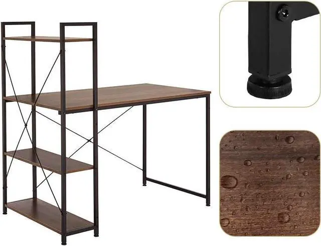 Alt view image 5 of 7 - Coral Flower Tower Computer Desk with 4 Tier Shelves - 47.6'' Multi Level Writing Study Table with Bookshelves Modern Steel Frame Wood Desk Compact Home Office Workstation (Natural brown)