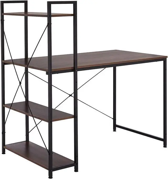 Main image of Coral Flower Tower Computer Desk with 4 Tier Shelves - 47.6'' Multi Level Writing Study Table with Bookshelves Modern Steel Frame Wood Desk Compact Home Office Workstation (Natural brown)