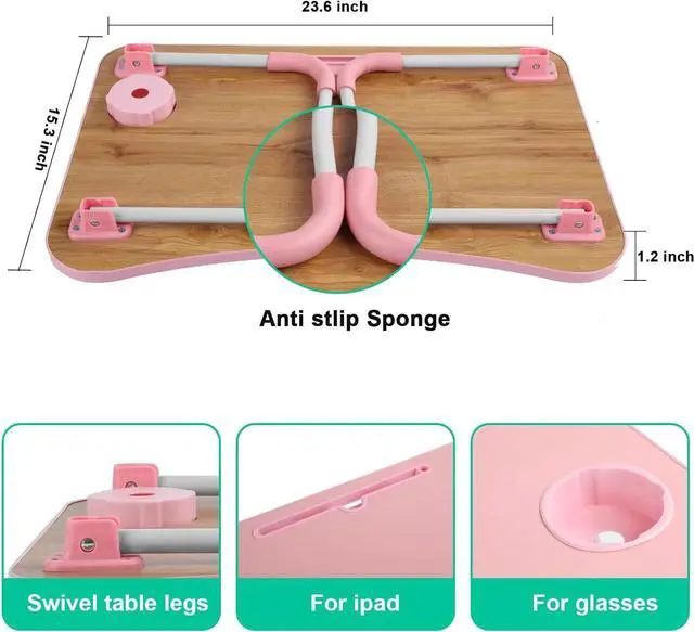 Alt view image 7 of 7 - Laptop Desk, Laptop Bed Table, Breakfast Tray, Portable Foldable Laptop Desk, Laptop Table for Bed and Sofa (Pink)