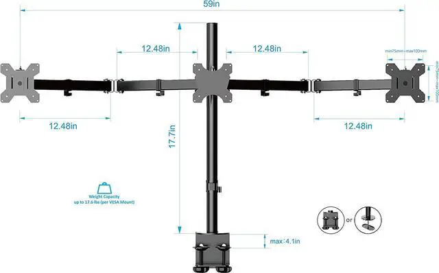 Alt view image 4 of 7 - Rocelco Premium Triple Monitor Desk Mount - Standard Pattern Fits 13" - 27" LED LCD Flat Computer Screen - Three Articulated Full Motion Adjustable Arms - Grommet and C Clamp - Black (R DM3)