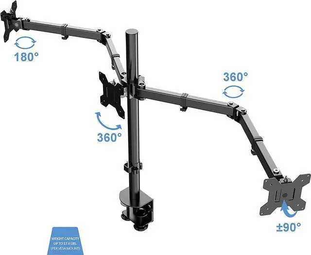 Alt view image 5 of 7 - Rocelco Premium Triple Monitor Desk Mount - Standard Pattern Fits 13" - 27" LED LCD Flat Computer Screen - Three Articulated Full Motion Adjustable Arms - Grommet and C Clamp - Black (R DM3)