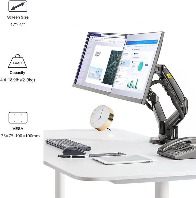 Alt view image 3 of 5 - Dual Monitor Arm Height Adjustable Gas Spring Double Monitor Stand Desk Mount Fit Two 17 to 27" Flat or Curved Screens with 19.8lbs Load Capacity for Each Arm, with Clamp and Grommet Mounting Base