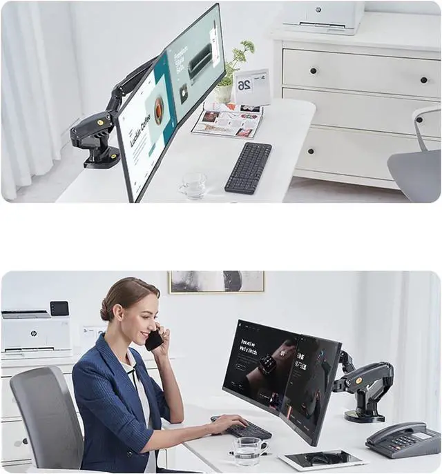 Alt view image 5 of 5 - Dual Monitor Arm Height Adjustable Gas Spring Double Monitor Stand Desk Mount Fit Two 17 to 27" Flat or Curved Screens with 19.8lbs Load Capacity for Each Arm, with Clamp and Grommet Mounting Base