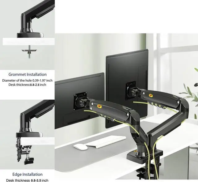 Alt view image 2 of 5 - Dual Monitor Arm Height Adjustable Gas Spring Double Monitor Stand Desk Mount Fit Two 17 to 27" Flat or Curved Screens with 19.8lbs Load Capacity for Each Arm, with Clamp and Grommet Mounting Base