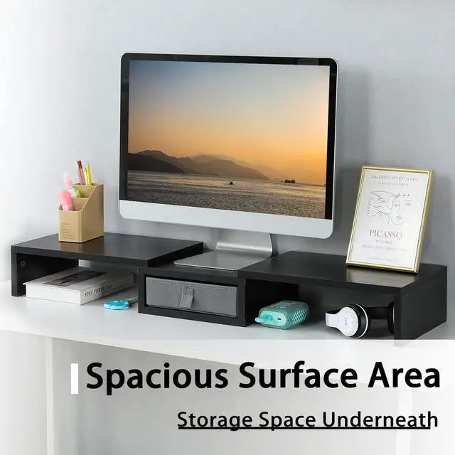 Alt view image 3 of 7 - TEAMIX Dual Monitor Stand Riser with Drawer - Length and Angle Adjustable Double Monitor Riser Corner Desk Shelf Organizer 37 inch Long Monitor Riser for 2 Monitors/Laptop/PC/Screen/TV