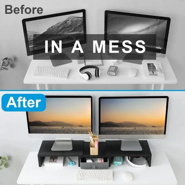 Alt view image 7 of 7 - TEAMIX Dual Monitor Stand Riser with Drawer - Length and Angle Adjustable Double Monitor Riser Corner Desk Shelf Organizer 37 inch Long Monitor Riser for 2 Monitors/Laptop/PC/Screen/TV