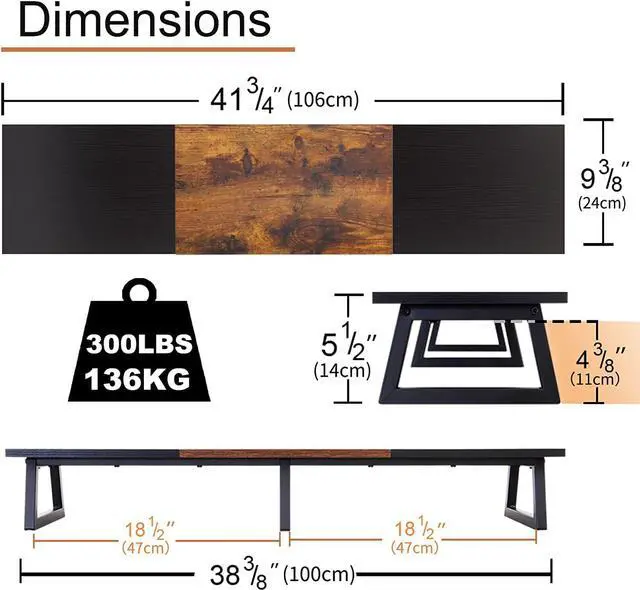 Alt view image 4 of 7 - TEAMIX 42 inch Large Dual Monitor Riser, Extra Long Monitor Stand Riser for 2 Monitors, Wood & Steel Desktop Riser Desk Organization Home Office (Black+Brown, 42 inch)