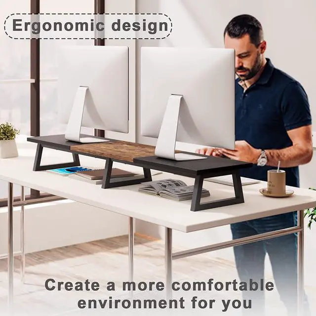 Alt view image 5 of 7 - TEAMIX 42 inch Large Dual Monitor Riser, Extra Long Monitor Stand Riser for 2 Monitors, Wood & Steel Desktop Riser Desk Organization Home Office (Black+Brown, 42 inch)