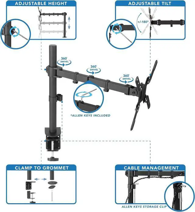 Alt view image 5 of 7 - Mount-It! Large Monitor Desk Mount with VESA 200 (200x200, 200x100) Bolting Pattern, Fits up to 42 Inch and Ultrawide Monitors, Full Motion with Clamp and Grommet Base