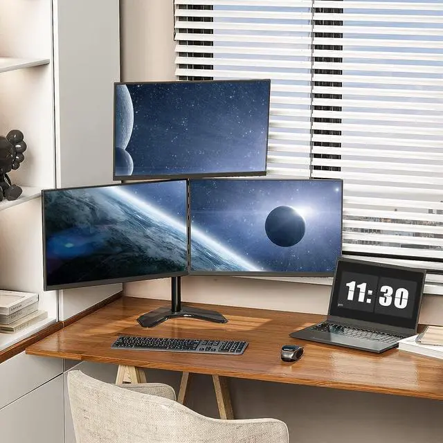 Alt view image 2 of 7 - WALI Triple Monitor Stand, Free Standing Three Monitor Desk Mount Fully Adjustable, Fits 3 Screens up to 27 inch, 22 lbs Weight Capacity per Arm (MF003S), Black