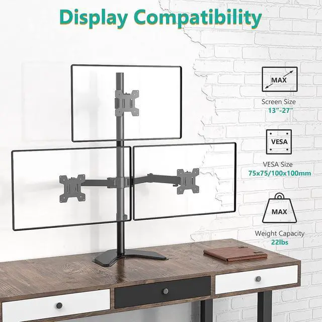 Alt view image 3 of 7 - WALI Triple Monitor Stand, Free Standing Three Monitor Desk Mount Fully Adjustable, Fits 3 Screens up to 27 inch, 22 lbs Weight Capacity per Arm (MF003S), Black