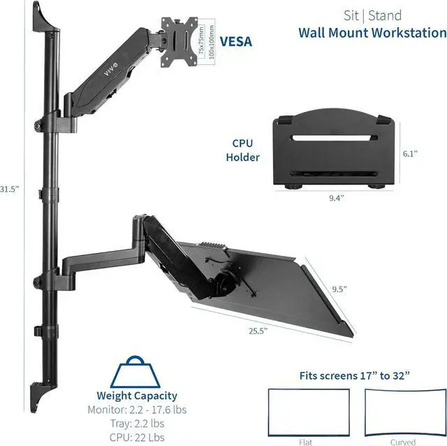 Alt view image 3 of 7 - Black Sit-Stand Height Adjustable Pneumatic Spring Arm Keyboard, Monitor, CPU Wall Mount for 1 Screen up to 32 inches STAND-SIT1BW