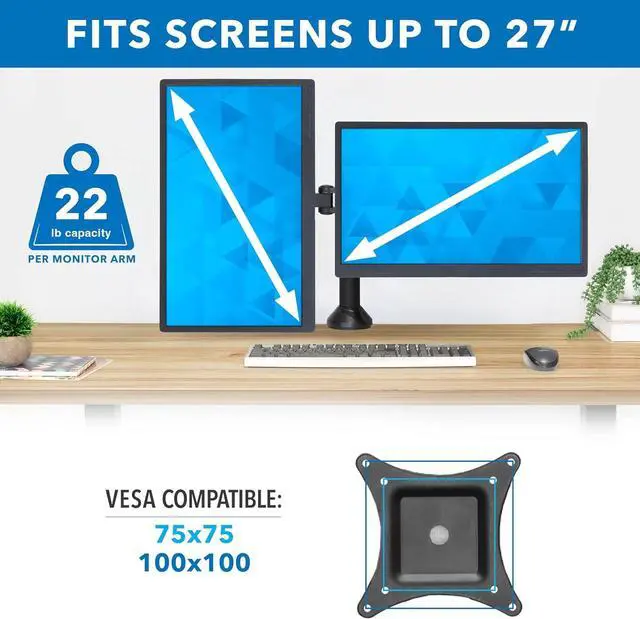 Alt view image 3 of 7 - Mount-It! Dual Monitor Mount | Double Monitor Desk Stand | Fits 2 Computer Screens 19 20 21 22 23 24 27 Inches | C-Clamp and Grommet Base | Heavy Duty Full Motion Arms | VESA 75 100 Compatible