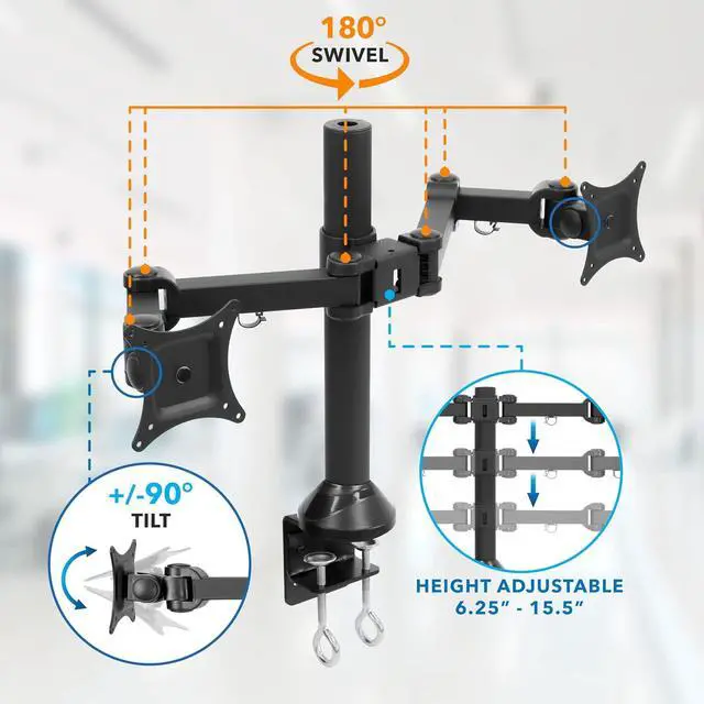 Alt view image 6 of 7 - Mount-It! Dual Monitor Mount | Double Monitor Desk Stand | Fits 2 Computer Screens 19 20 21 22 23 24 27 Inches | C-Clamp and Grommet Base | Heavy Duty Full Motion Arms | VESA 75 100 Compatible